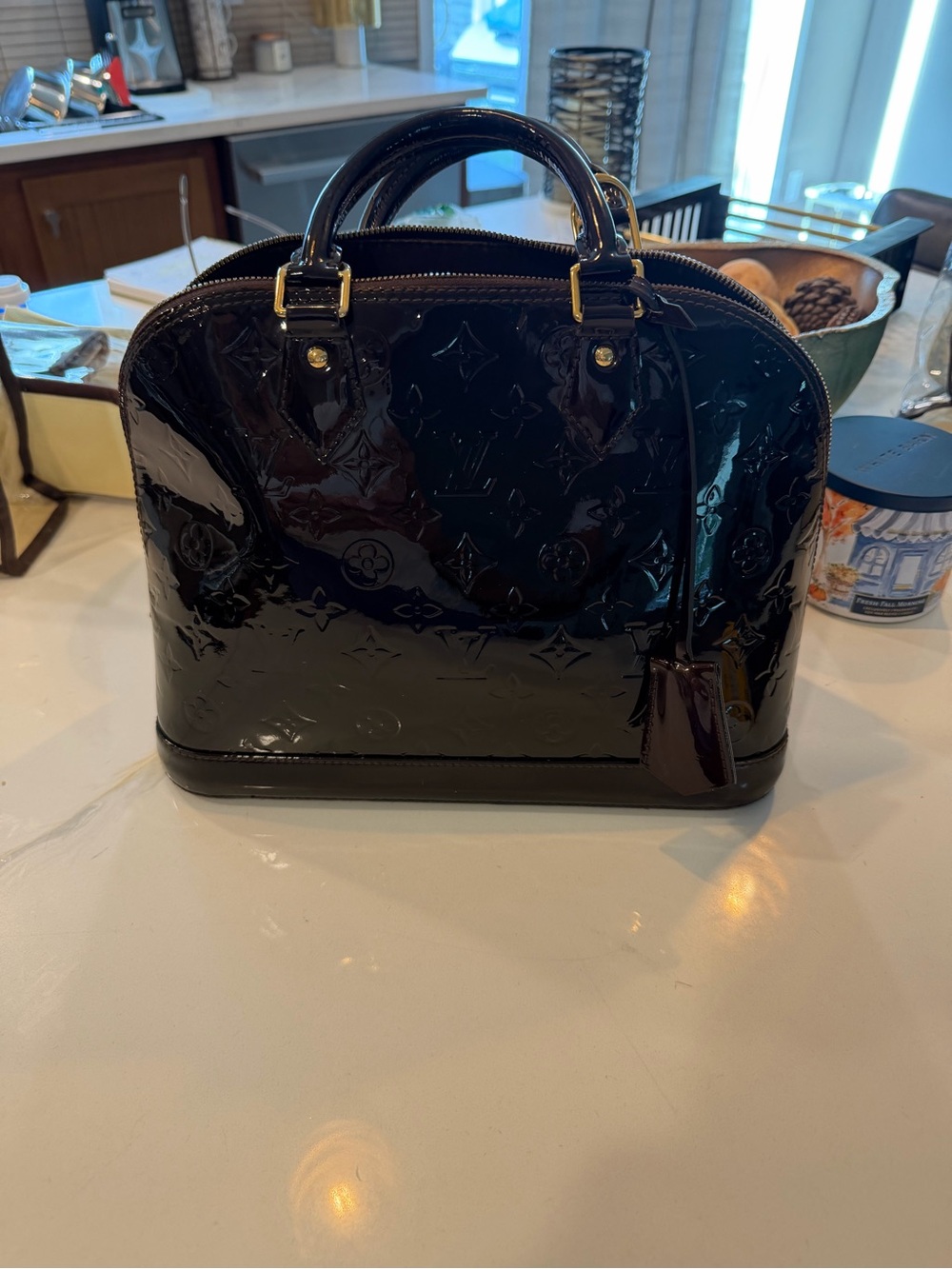Louis Vuitton Burgandy Patent Alma PM Satchel with Monogram Embossing
